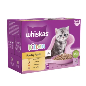 Whiskas Kitten Poultry Feasts in jelly, featuring a playful gray kitten on the packaging, includes chicken, duck, and turkey.