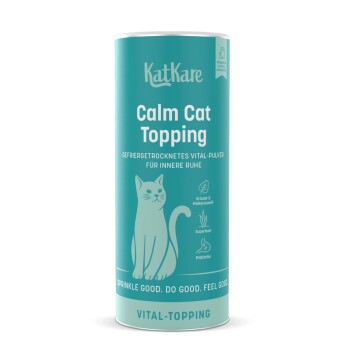 Türkisfarbene KatKare-Dose mit Aufschrift 'Calm Cat Topping', Katzenillustration, 'Vital-Topping' und Slogan 'Sprinkle good. Do good. Feel good.'