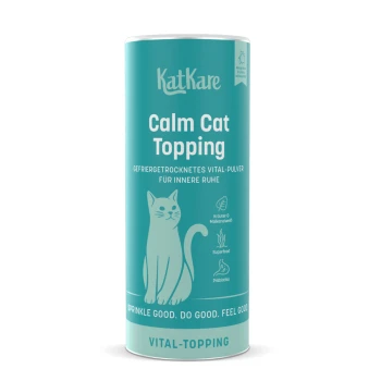 Türkisfarbene KatKare-Dose mit Aufschrift 'Calm Cat Topping', Katzenillustration, 'Vital-Topping' und Slogan 'Sprinkle good. Do good. Feel good.'