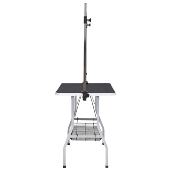 Haustierpflege-Tisch mit schwarzer Oberfläche, verstellbarem Arm und unterem Ablagefach, entworfen für Fachleute in der Tierpflege.