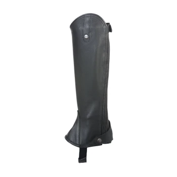 Schwarzer Leder-Haustierpflege-Stiefel, mit einem hohen Design, einem Druckknopfverschluss und einem verstellbaren Riemen für einen sicheren Sitz.