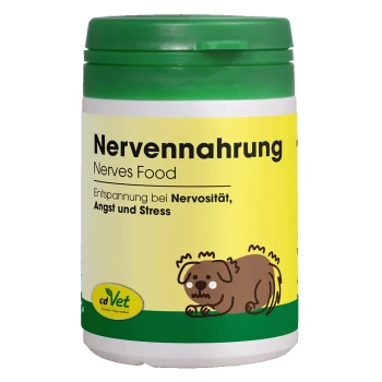 Behälter von cdVet Nervenfutter, beschriftet mit "Nervenahrung" mit einem grünen Deckel, gelbem Hintergrund, Blattlogo und "100% NATUR."