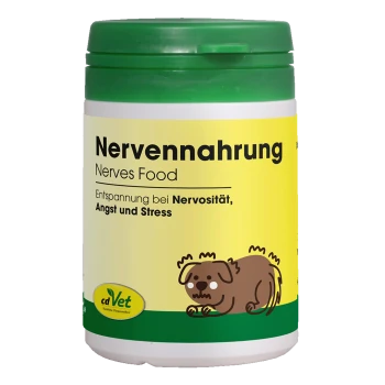 Behälter von cdVet Nervenfutter, beschriftet mit "Nervenahrung" mit einem grünen Deckel, gelbem Hintergrund, Blattlogo und "100% NATUR."