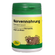 Behälter von cdVet Nervenfutter, beschriftet mit "Nervenahrung" mit einem grünen Deckel, gelbem Hintergrund, Blattlogo und "100% NATUR."