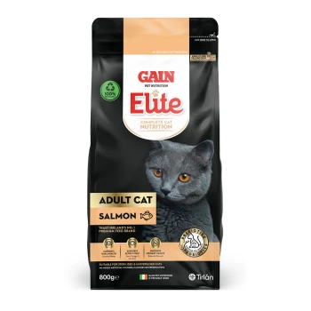 Gain Elite Complete Cat Nutrition, 800g bag for adult cats, featuring salmon flavor and a gray cat image on the front.