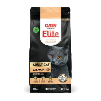 Gain Elite Complete Cat Nutrition, 800g bag for adult cats, featuring salmon flavor and a gray cat image on the front.
