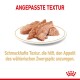 Hundefutter auf einem weißen Teller mit texturiertem Fleisch. Text: "ANGEPASSTE TEXTUR" und "Schmackhafte Textur, die den Appetit anregt."