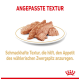 Hundefutter auf einem weißen Teller mit texturiertem Fleisch. Text: "ANGEPASSTE TEXTUR" und "Schmackhafte Textur, die den Appetit anregt."