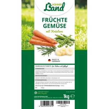 HÜHNER Land Früchte Gemüse mit Kräutern Verpackung, mit Karotten, Erbsen und Bananenscheiben, mit dem Etikett "Made in Germany."