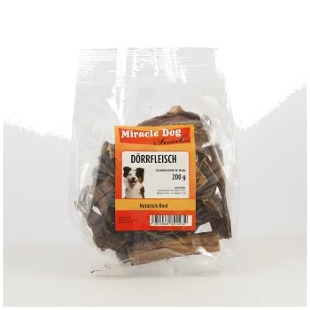 Klarer Plastikbeutel mit Miracle Dog Snacks Dörrfleisch getrockneten Rindfleisch-Hundeleckerlis, 200g, mit Hundebild auf dem Etikett.