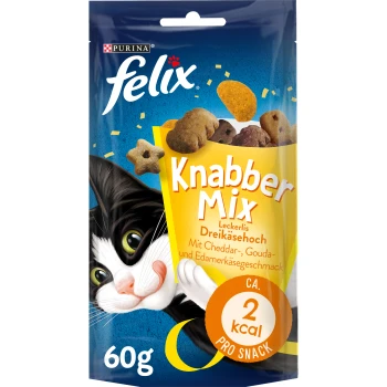 Bunte Felix Knabber Mix Katzenleckerlitasche mit einer verspielten schwarz-weißen Katze, die Käsesorten auflistet und "ca. 2 kcal pro Snack." 60g.
