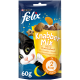 Bunte Felix Knabber Mix Katzenleckerlitasche mit einer verspielten schwarz-weißen Katze, die Käsesorten auflistet und "ca. 2 kcal pro Snack." 60g.