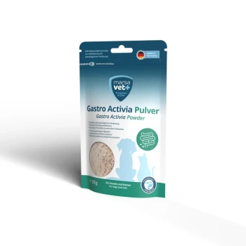 Gastro Activia Pulver für Hunde und Katzen, 125g Packung, mit einem blauen und grünen Design und Illustrationen eines Hundes und einer Katze.