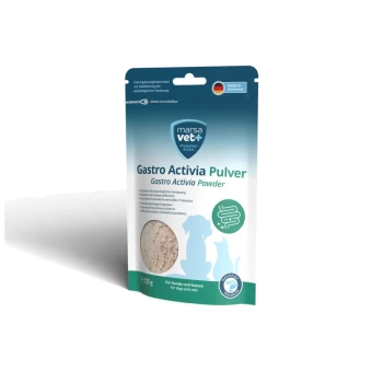 Gastro Activia Pulver für Hunde und Katzen, 125g Packung, mit einem blauen und grünen Design und Illustrationen eines Hundes und einer Katze.