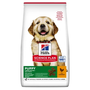 Hill's Science Plan puppy food bag featuring a smiling golden retriever puppy, labeled "PUPPY LARGE 25 KG+" with chicken.