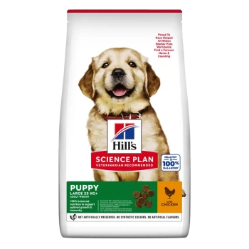 Sac de nourriture pour chiots Hill's Science Plan avec un chiot golden retriever souriant, étiqueté 'PUPPY LARGE 25 KG+' avec du poulet.