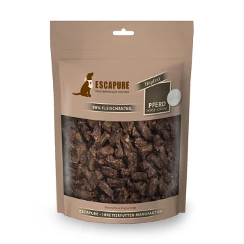 Friandises pour chiens dans un sac brun refermable étiqueté "ESCAPURE", contenant 98 % de viande, avec "PFERD" (cheval) affiché en évidence.