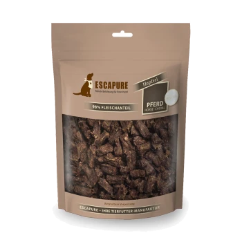 Friandises pour chiens dans un sac brun refermable étiqueté "ESCAPURE", contenant 98 % de viande, avec "PFERD" (cheval) affiché en évidence.