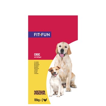 Hundefutterverpackung mit der Aufschrift „FIT+FUN CROC mit Geflügel“, zeigt zwei Hunde und eine Gewichtsangabe von 10 kg.