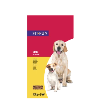 Hundefutterverpackung mit der Aufschrift „FIT+FUN CROC mit Geflügel“, zeigt zwei Hunde und eine Gewichtsangabe von 10 kg.