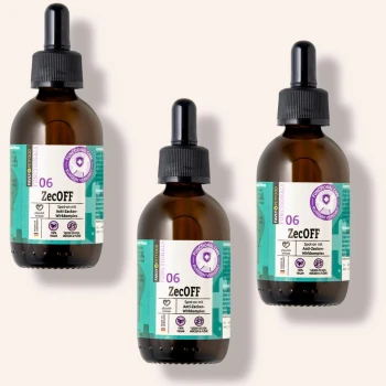 Drei braune Glasflaschen ZecOFF, eine Anti-Zecken-Lösung für Haustiere, beschriftet mit "06" und "Spot-on mit Anti-Zecken-Wirkkomplex."