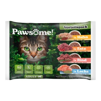 Pawsome! Katzenfutterverpackung mit dem Gesicht einer Katze, mit Geschmacksrichtungen: Huhn, Ente, Rind und Lachs. Der Text hebt die ernährungsphysiologischen Vorteile hervor.