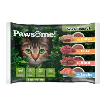 Pawsome! Katzenfutterverpackung mit dem Gesicht einer Katze, mit Geschmacksrichtungen: Huhn, Ente, Rind und Lachs. Der Text hebt die ernährungsphysiologischen Vorteile hervor.