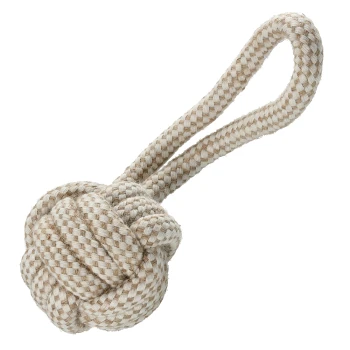 Beige-weiß geflochtenes Seil-Hundespielzeug mit einem geknoteten Ball und Schlaufenhandgriff.