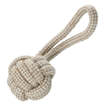 Beige-weiß geflochtenes Seil-Hundespielzeug mit einem geknoteten Ball und Schlaufenhandgriff.