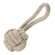 Beige-weiß geflochtenes Seil-Hundespielzeug mit einem geknoteten Ball und Schlaufenhandgriff.