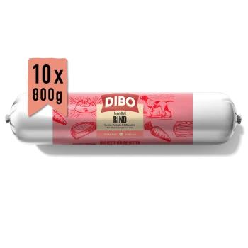 DIBO FreshRoll Rind Hundetrockenfutterrolle mit Rind, Karotte, Pastinake und Süßkartoffel, 10x800g Packung.