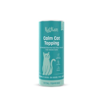Türkisfarbene KatKare-Dose mit Aufschrift 'Calm Cat Topping', Katzenillustration, 'Vital-Topping' und Slogan 'Sprinkle good. Do good. Feel good.'