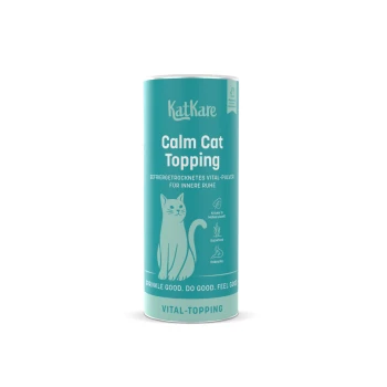 Türkisfarbene KatKare-Dose mit Aufschrift 'Calm Cat Topping', Katzenillustration, 'Vital-Topping' und Slogan 'Sprinkle good. Do good. Feel good.'