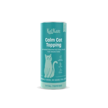 Türkisfarbene KatKare-Dose mit Aufschrift 'Calm Cat Topping', Katzenillustration, 'Vital-Topping' und Slogan 'Sprinkle good. Do good. Feel good.'