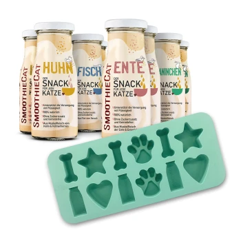 Flaschen mit SmoothieCat Katzensnacks in verschiedenen Geschmacksrichtungen mit grünem Silikonform mit Knochen-, Stern-, Pfoten-, Flaschen- und Herzformen.