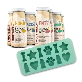 Flaschen mit SmoothieCat Katzensnacks in verschiedenen Geschmacksrichtungen mit grünem Silikonform mit Knochen-, Stern-, Pfoten-, Flaschen- und Herzformen.