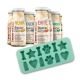 Flaschen mit SmoothieCat Katzensnacks in verschiedenen Geschmacksrichtungen mit grünem Silikonform mit Knochen-, Stern-, Pfoten-, Flaschen- und Herzformen.