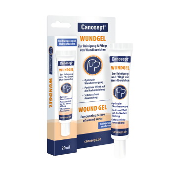 Canosept Wundgel Tube und Verpackung, 20 ml, Hundesymbol, beschriftet mit 'WOUND GEL / WUNDGEL' zur Reinigung und Pflege von Wundbereichen