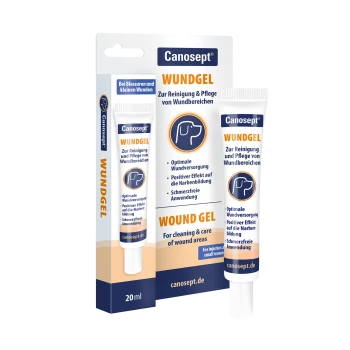 Canosept Wundgel Tube und Verpackung, 20 ml, Hundesymbol, beschriftet mit 'WOUND GEL / WUNDGEL' zur Reinigung und Pflege von Wundbereichen
