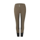 Braune Reitleggings mit schwarzen Akzenten, mit drei Knöpfen an der Taille und einem Logo an der Seite.