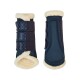 Marineblaue Haustier-Stiefel mit weichem cremefarbenem Fleece-Futter und verstellbaren Riemen, entworfen für Komfort und Schutz.