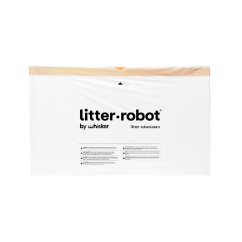 Weiße Ersatz-Einlage für Litter‑Robot mit dem Logo „litter·robot by whisker“, beiger Klebestreifen oben und kleinem Warnhinweis.