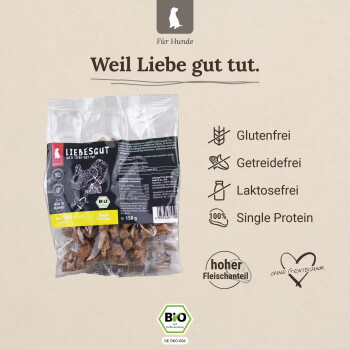 Tüte Liebesgut‑Hundeleckerlis, „Weil Liebe gut tut.“ Glutenfrei, getreidefrei, laktosefrei, Single‑Protein, Bio.