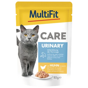 MultiFit CARE Urinary Katzenfutterbeutel (85 g) mit grauem Katzenfoto, zeigt 'URINARY' und 'MIT HUHN IN SAUCE'
