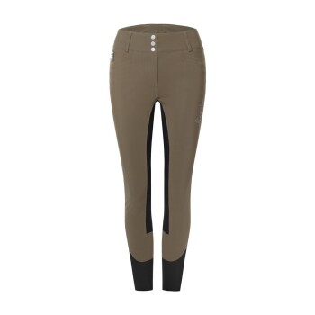 Braune Reithosen mit schwarzen Akzenten, mit hoher Taille, drei Knöpfen und einem Logo an der Seite.