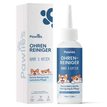 Blaue Flasche von Pawlie's Ohrreiniger für Hunde und Katzen, mit einem weißen Deckel und passender Box, die deutschen Text und Ansprüche zeigt.