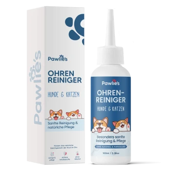 Blaue Flasche von Pawlie's Ohrreiniger für Hunde und Katzen, mit einem weißen Deckel und passender Box, die deutschen Text und Ansprüche zeigt.
