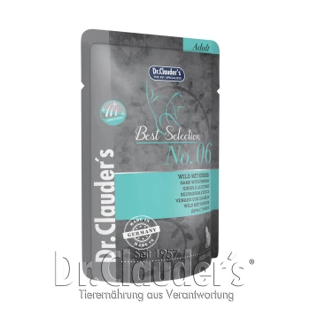 Verpackung von Dr. Clauder's Best Selection No. 06 Katzenfutter, "Wild mit Kürbis", das Qualität hervorhebt und in Deutschland hergestellt wird.