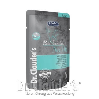 Verpackung von Dr. Clauder's Best Selection No. 06 Katzenfutter, "Wild mit Kürbis", das Qualität hervorhebt und in Deutschland hergestellt wird.