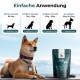 Ein zufriedener Shiba Inu sitzt neben einem Beutel "Joint Complete PRO" mit Dosierungsanweisungen für kleine bis große Hunde.